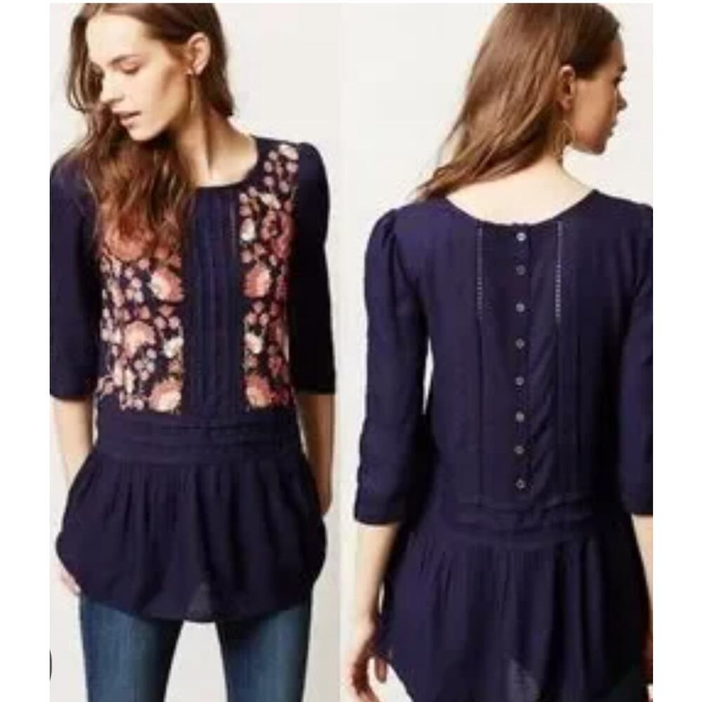 4963)Floreat Luana Anthropologie Floral Embroidry Button Back Peplum Blouse S/M?